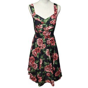 Papillon Rose Dress Womens Large Midi Tie Belt‎ Waist Zip Back Pink Green Floral